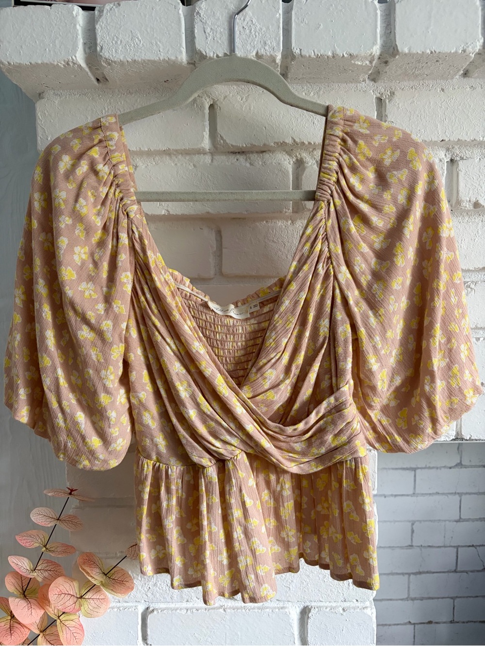 All in Favor Pink and Yellow Floral Draped Wrap Blouse